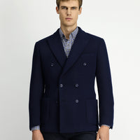 Dark Navy 8 Drop Muscle Fit Long Athletic Cut Pointed Collar Patch Pocket Unlined Lycra Patterned Knit Double-Breasted Jacket