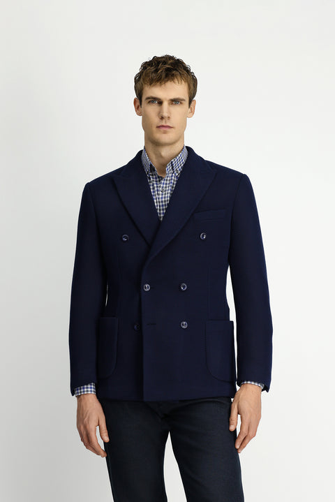 Dark Navy 8 Drop Muscle Fit Long Athletic Cut Pointed Collar Patch Pocket Unlined Lycra Patterned Knit Double-Breasted Jacket