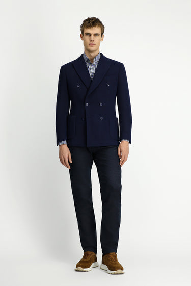  Koyu Lacivert Regular Fit Likralı Desenli Örme Kruvaze Ceket