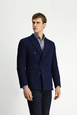  Koyu Lacivert Regular Fit Likralı Desenli Örme Kruvaze Ceket
