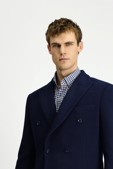 Dark Navy 8 Drop Muscle Fit Long Athletic Cut Pointed Collar Patch Pocket Unlined Lycra Patterned Knit Double-Breasted Jacket