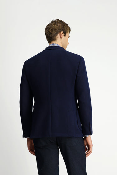 Koyu Lacivert Regular Fit Likralı Desenli Örme Kruvaze Ceket