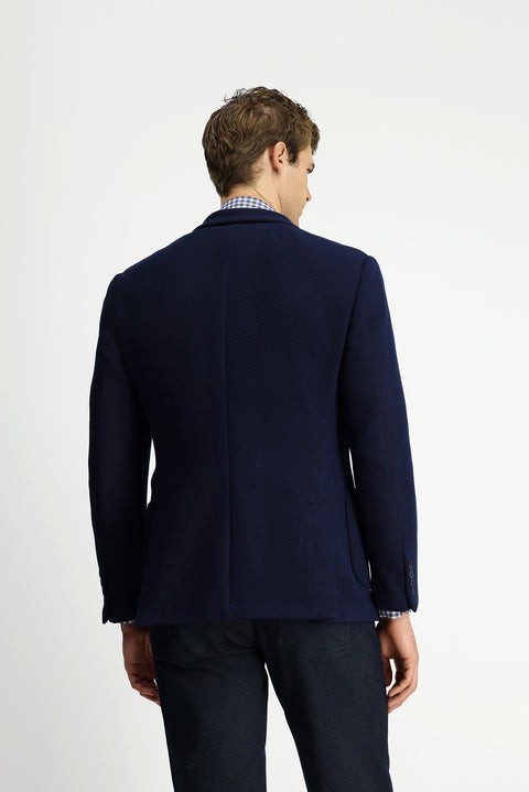 Dark Navy 8 Drop Muscle Fit Long Athletic Cut Pointed Collar Patch Pocket Unlined Lycra Patterned Knit Double-Breasted Jacket