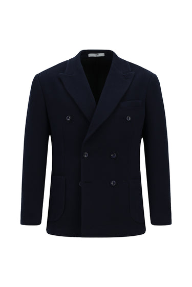 Koyu Lacivert Regular Fit Likralı Desenli Örme Kruvaze Ceket