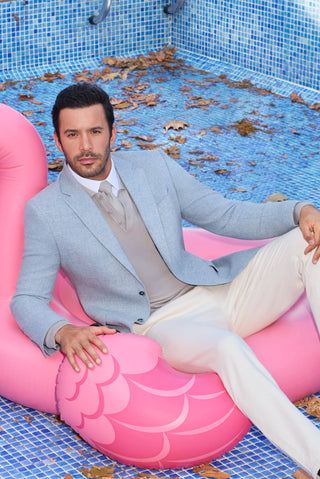  Açık Mavi Relaxed Fit Rahat Kesim Desenli Yünlü Ceket