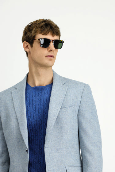 Açık Mavi Slim Fit Dar Kesim Desenli Yünlü Ceket
