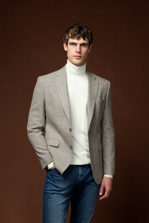 Orta Bej 4 Drop Relaxed Fit Rahat Kesim Desenli Yünlü Ceket