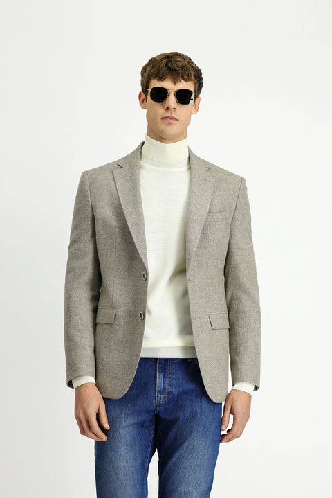 Orta Bej 7 Drop Slim Fit Dar Kesim Desenli Yünlü Ceket