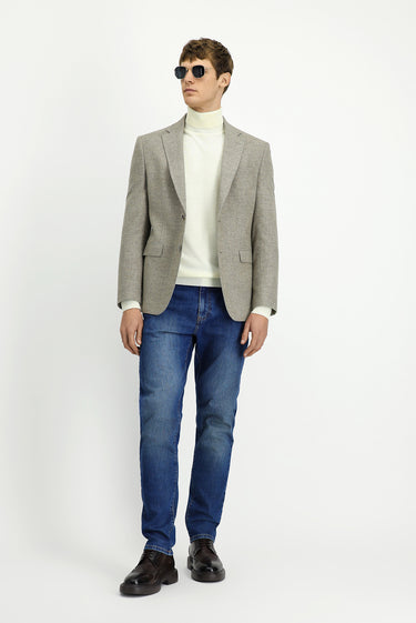 Orta Bej Slim Fit Dar Kesim Desenli Yünlü Ceket