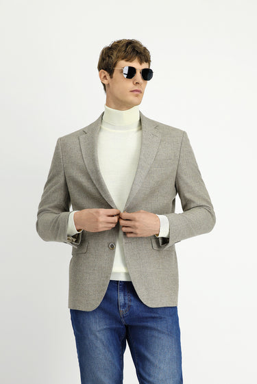  Orta Bej Relaxed Fit Rahat Kesim Desenli Yünlü Ceket