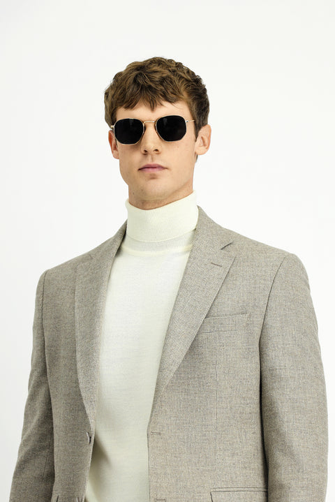 Orta Bej 7 Drop Slim Fit Dar Kesim Desenli Yünlü Ceket