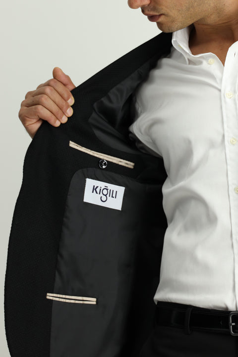 Siyah 7 Drop Slim Fit Dar Kesim Desenli Spor Yünlü Ceket