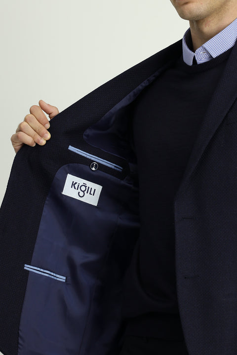 Koyu Lacivert 7 Drop Slim Fit Dar Kesim Desenli Spor Yünlü Ceket