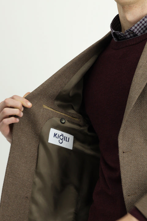 Açık Kahve  7 Drop Slim Fit Dar Kesim Desenli Spor Yünlü Ceket