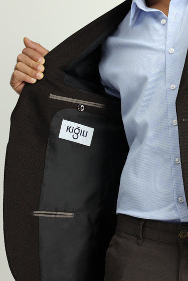 Koyu Kahve Slim Fit Dar Kesim Desenli Spor Yünlü Ceket