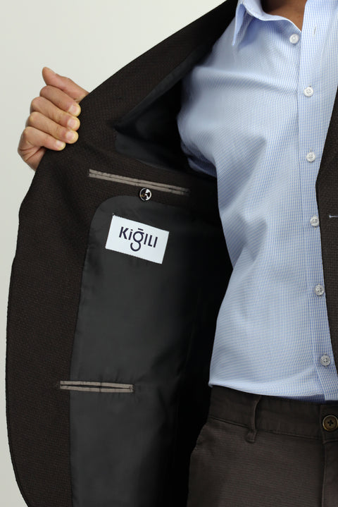 Koyu Kahve 7 Drop Slim Fit Dar Kesim Desenli Spor Yünlü Ceket