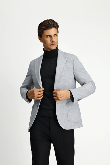 Açık Gri Slim Fit Dar Kesim Yünlü Desenli Spor Ceket