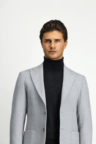 Açık Gri Slim Fit Dar Kesim Yünlü Desenli Spor Ceket