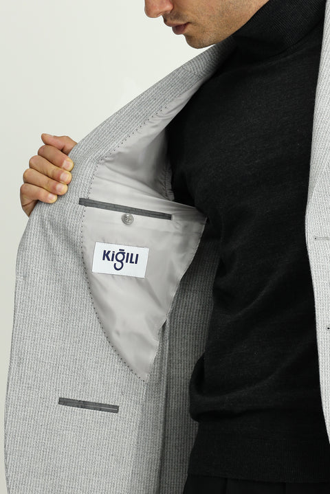 Açık Gri 7 Drop Slim Fit Dar Kesim Yünlü Desenli Spor Ceket