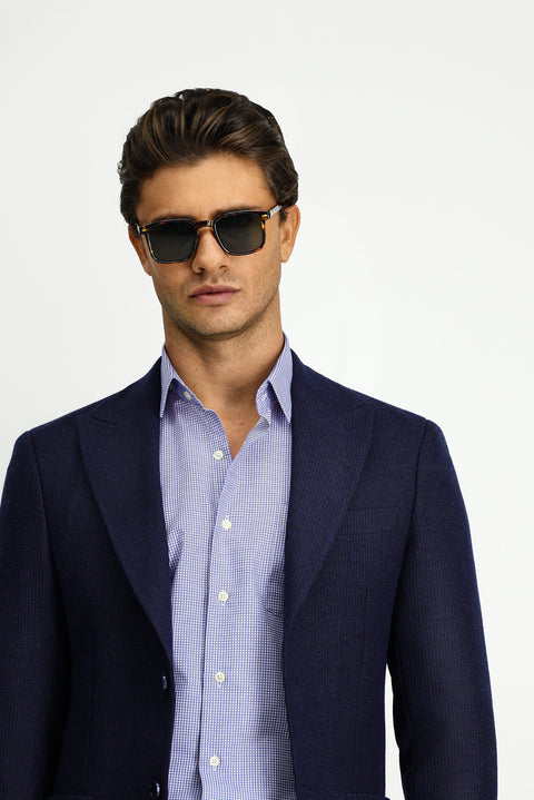 Koyu Lacivert 7 Drop Slim Fit Dar Kesim Yünlü Desenli Spor Ceket