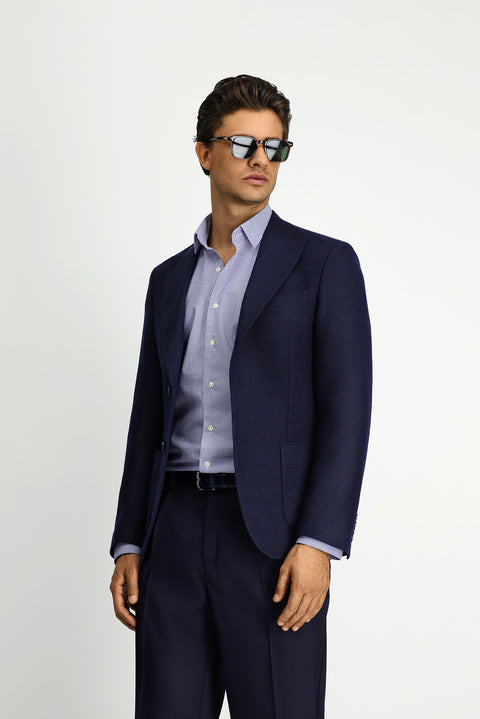 Koyu Lacivert 7 Drop Slim Fit Dar Kesim Yünlü Desenli Spor Ceket