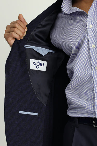 Koyu Lacivert Slim Fit Dar Kesim Yünlü Desenli Spor Ceket