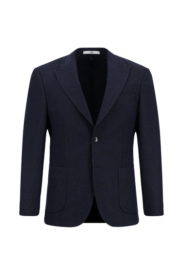 Koyu Lacivert Slim Fit Dar Kesim Yünlü Desenli Spor Ceket