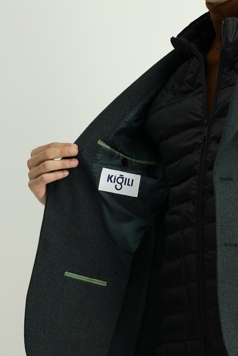 Koyu Yeşil 7 Drop Slim Fit Dar Kesim Yünlü Desenli Spor Ceket