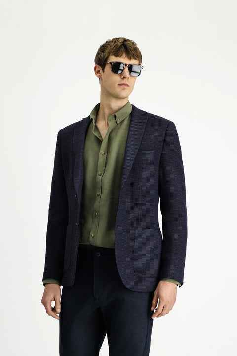 Koyu Lacivert 7 Drop Super Slim Fit Eksra Dar Kesim Desenli Spor Yünlü Ceket