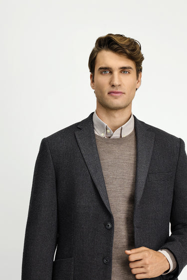 Koyu Antrasit Super Slim Fit Ekstra Dar Kesim Desenli Spor Yünlü Ceket