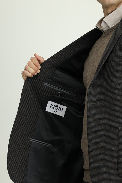 Koyu Antrasit 7 Drop Super Slim Fit Eksra Dar Kesim Desenli Spor Yünlü Ceket