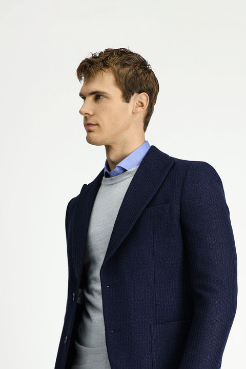 Koyu Lacivert 7 Drop Slim Fit Dar Kesim Mono Yaka Torba Cep Yarım Astar Desenli Spor Yünlü Ceket