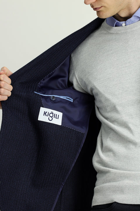 Koyu Lacivert 7 Drop Slim Fit Dar Kesim Mono Yaka Torba Cep Yarım Astar Desenli Spor Yünlü Ceket