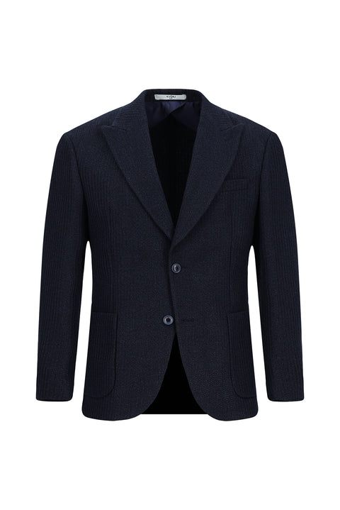 Koyu Lacivert 7 Drop Slim Fit Dar Kesim Mono Yaka Torba Cep Yarım Astar Desenli Spor Yünlü Ceket