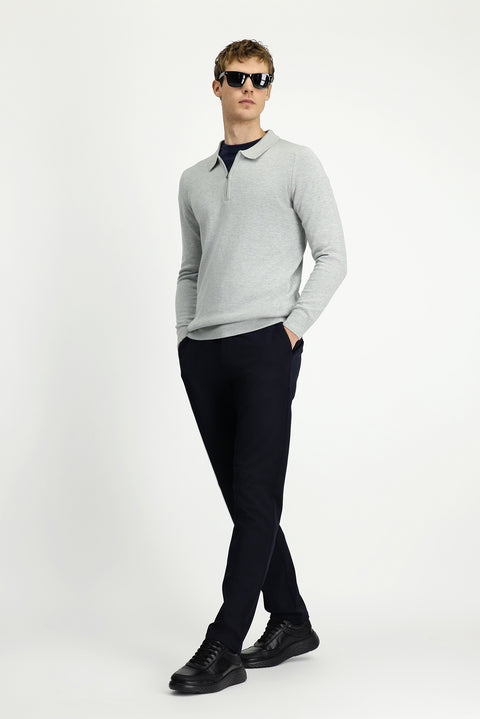 Orta Lacivert 7 Drop Slim Fit Dar Kesim Beli Lastikli Pamuklu Kanvas / Chino Pantolon