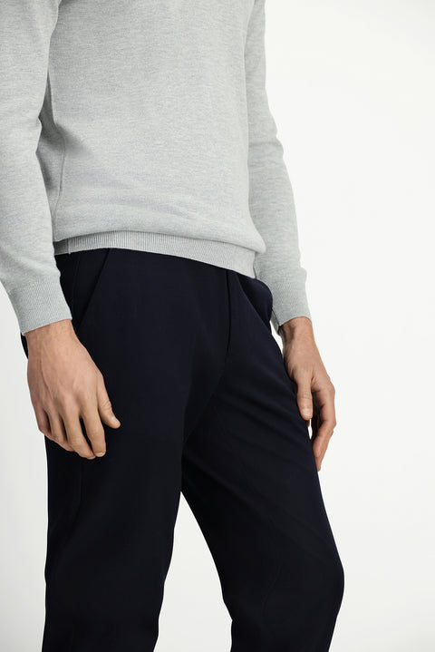 Orta Lacivert Slim Fit Dar Kesim Beli Lastikli Pamuklu Kanvas / Chino Pantolon