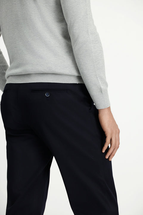 Orta Lacivert 7 Drop Slim Fit Dar Kesim Beli Lastikli Pamuklu Kanvas / Chino Pantolon