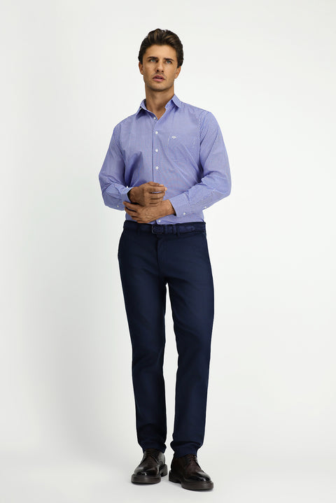 Orta Lacivert 7 Drop Slim Fit Dar Kesim Likralı Desenli Kanvas / Chino Pantolon