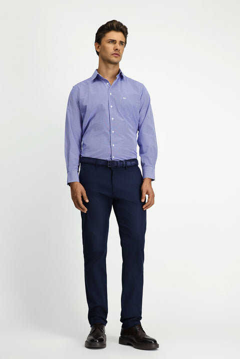 Orta Lacivert 7 Drop Slim Fit Dar Kesim Likralı Desenli Kanvas / Chino Pantolon