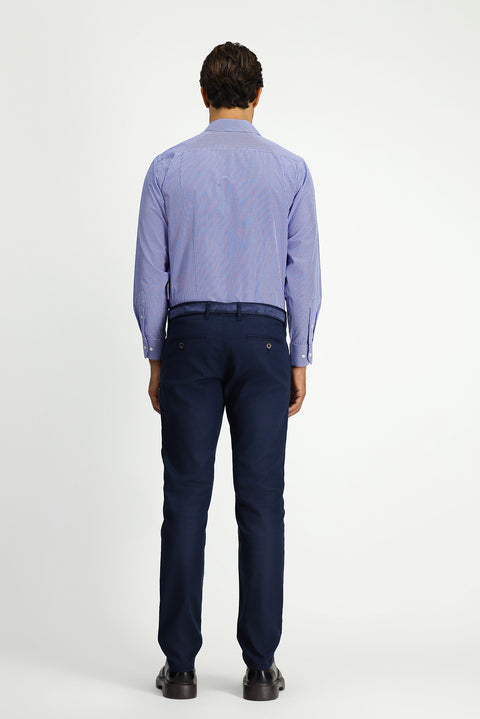 Orta Lacivert 7 Drop Slim Fit Dar Kesim Likralı Desenli Kanvas / Chino Pantolon