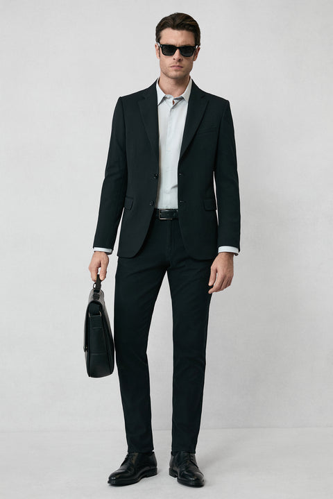 Siyah 7 Drop Slim Fit Dar Kesim Yan Cepli Likralı Kanvas / Chino Pantolon