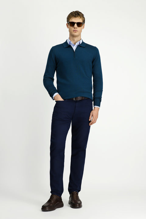 Orta Lacivert 7 Drop Slim Fit Dar Kesim Likralı Kanvas / Chino Pantolon