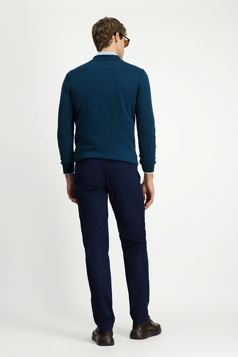 Orta Lacivert 7 Drop Slim Fit Dar Kesim Likralı Kanvas / Chino Pantolon