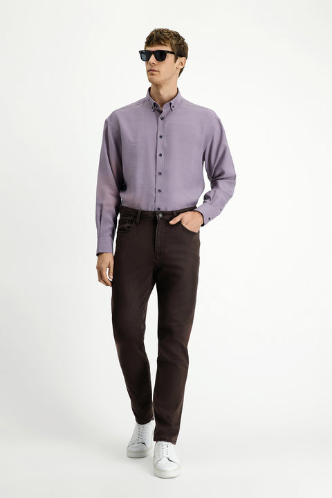 Koyu Kahve Regular Fit Standart Kesim Likralı Kanvas / Chino Pantolon