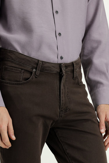 Koyu Kahve Regular Fit Likralı Kanvas / Chino Pantolon