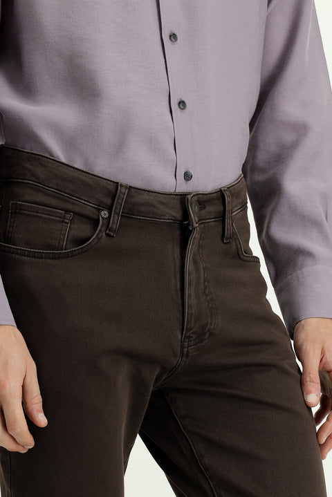 Koyu Kahve Regular Fit Standart Kesim Likralı Kanvas / Chino Pantolon