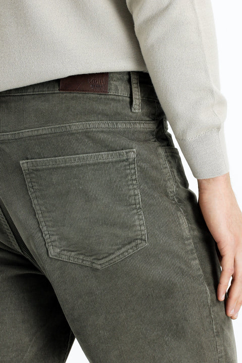 Orta Haki 6 Drop Regular Fit Standart Kesim Likralı Kadife Pantolon