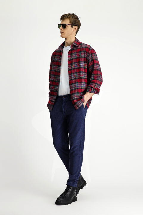Dark Blue Tapered Fit Lycra Velvet Trousers