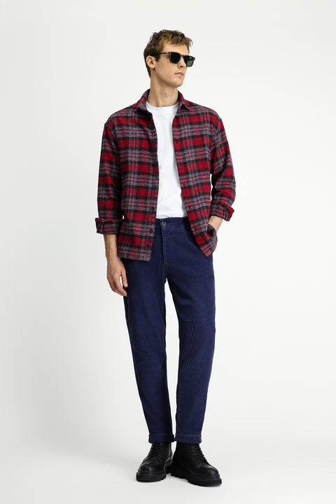 Dark Blue Tapered Fit Lycra Velvet Trousers