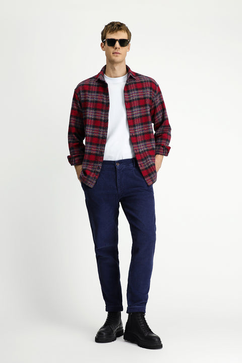 Dark Blue Tapered Fit Lycra Velvet Trousers